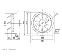 KDK 25RGF 25cm Wall Mount Ventilating Fan - reversible, intake, exhaust type, cord operated shutter, condenser motor, installation size 300mm x 300mm, global product Singapore approved (1-year warranty)