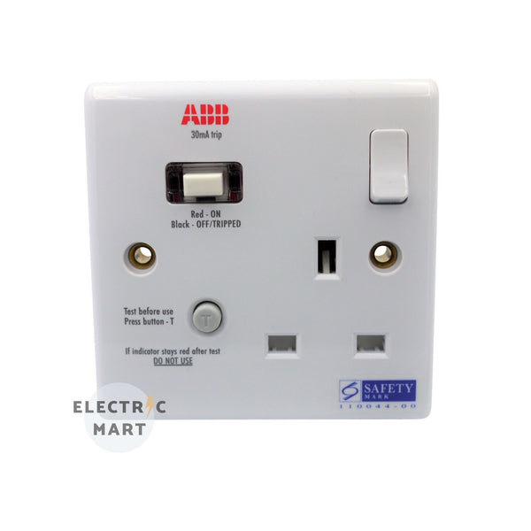 ABB CRS113 13A RCD Single Switch Socket Outlet, 1 gang / 1x13A SSO with 30mA Residual Current Device