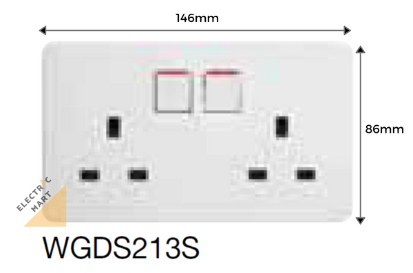 Hager Dream WGDS213S 13A Twin Switched Socket Outlet c/w M3.5 x 27mm long screws(Suitable for BTO switch replacement, HDB, new installations, Singapore standard size switch hole for easy installation) *NEW beehive-like design plate