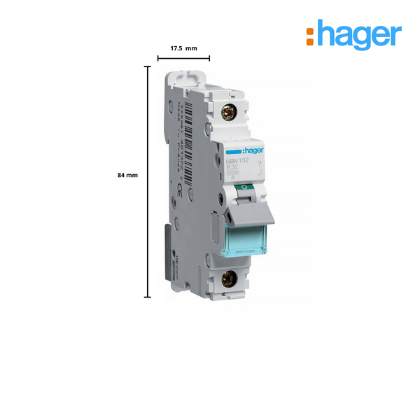 Hager NB132 Single Module 1 Pole Type B 32A 10KA Miniature Circuit Breaker (MCB)