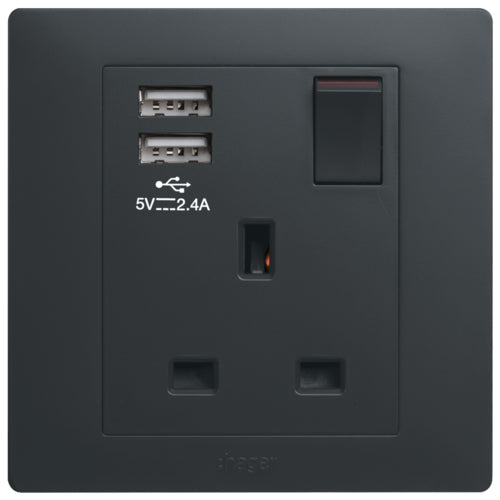 Hager Muse WGMS113SUSBKB 13A Single Switched Socket Outlet w/ 2x USB Charger