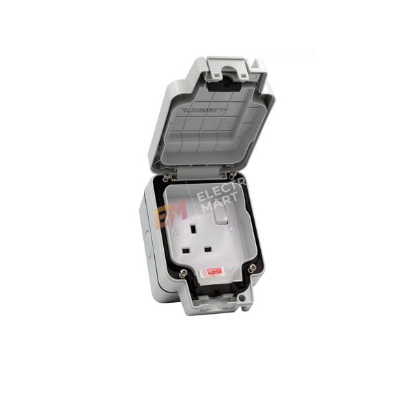 hager Sollysta WXPSS81 IP66 Single 13A Double Pole Switched Socket, weatherproof, dust-proof, water-proof, 180 degree lid opening,  EAN 3250617260091